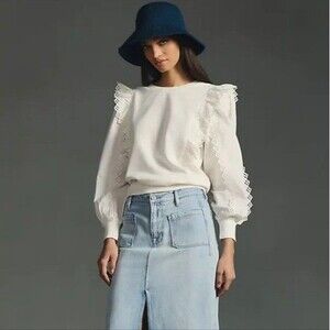 By Anthropologie Ruffle-Sleeve Lace Sweatshirt Top Eyelet Cotton XXSP NEW 284856